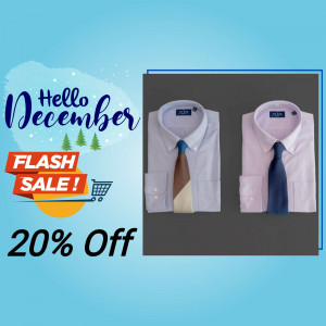 Image of two men's dress shirts with ties, advertising a December flash sale with 20% off.