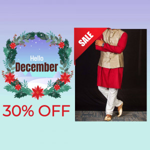 Man wearing traditional Indian festive outfit with a sale promotion.