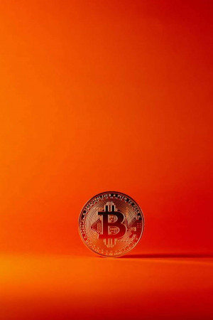A golden Bitcoin coin against a vibrant orange backdrop.