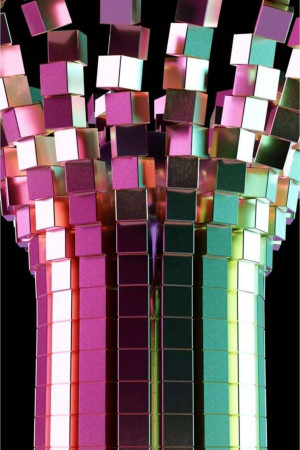 Abstract digital art featuring cascading iridescent cubes