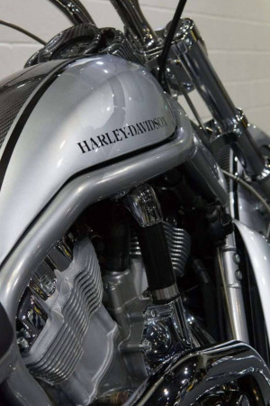 Close-up of a silver Harley-Davidson V-Rod motorcycle engine