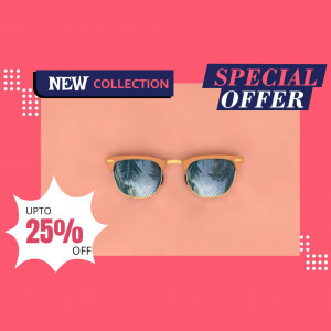 Stylish sunglasses with a reflection of palm trees, promoting a new collection and special offer.