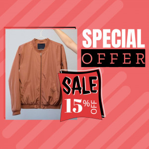 Brown bomber jacket on a hanger with a special offer sale banner.