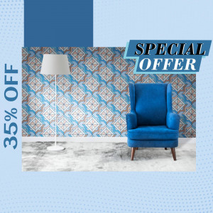 Blue armchair in a room with patterned wallpaper and a 'Special Offer' banner.