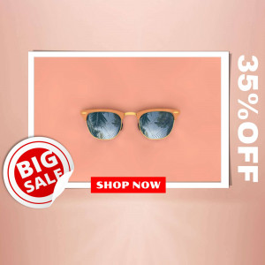 Wooden frame sunglasses on a peach background with a sale promotion.