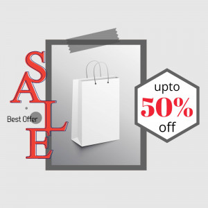 Shopping bag with sale banner and discount offer