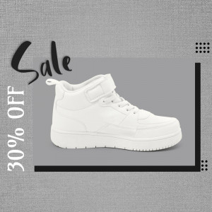 White high-top sneakers on a gray background with a 20% off sale promotion.