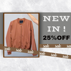 A promotional image featuring a terracotta-colored bomber jacket with a 'New In' and '25% Off' sale announcement.