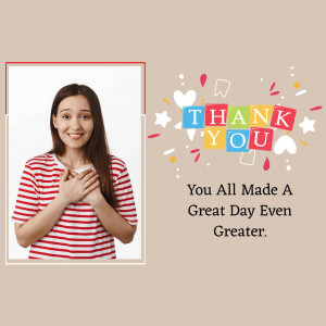 Woman expressing gratitude with a 'Thank You' graphic.