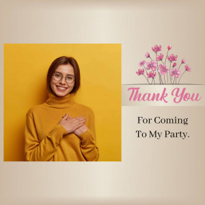A woman with hands over her heart and a thank you message with floral decoration.