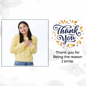Woman expressing gratitude with a 'Thank You' graphic