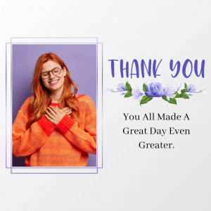 A thank you card featuring a woman with red hair and a floral arrangement.