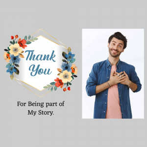 A thank you card featuring a floral design and a smiling man.