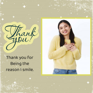 Woman smiling and expressing gratitude with a 'Thank You' message.