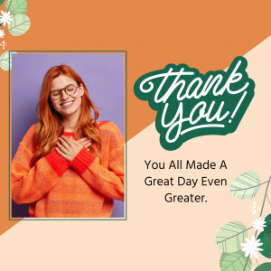 Woman expressing gratitude with a 'Thank You' message.