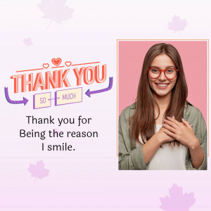 Woman smiling and expressing gratitude with a 'Thank You' graphic.