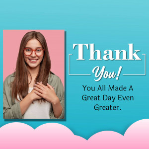 Woman expressing gratitude with a 'Thank You' message.