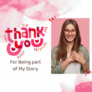 Young woman expressing gratitude with a 'Thank You' graphic.