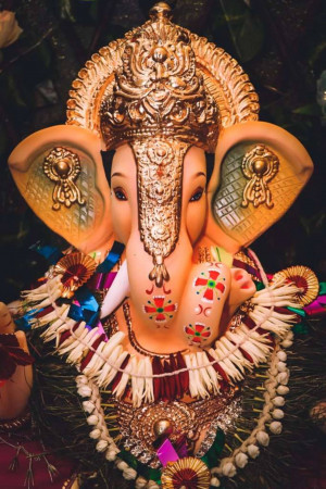 Close-up of a beautifully decorated idol of Lord Ganesha