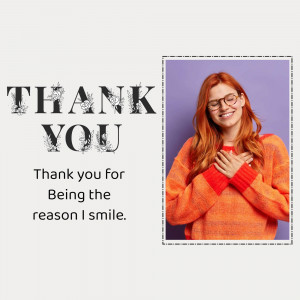 Woman smiling with 'Thank You' text overlay