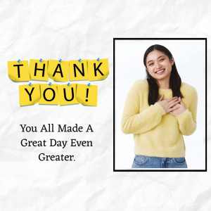 Woman expressing gratitude with 'Thank You' message