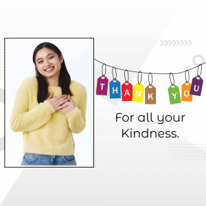 Woman expressing gratitude with thank you banner