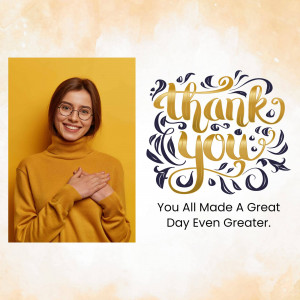 Woman expressing gratitude with a 'Thank You' graphic.