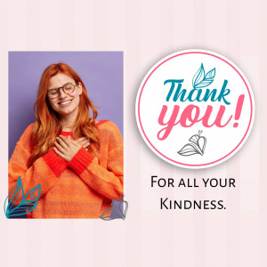 Woman expressing gratitude with a thank you graphic