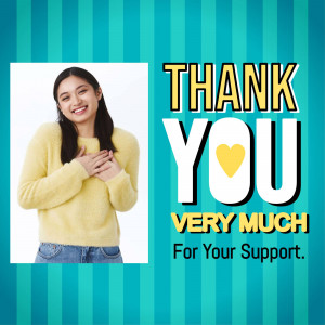 Woman expressing gratitude with a 'Thank You' message