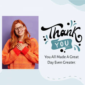Woman expressing gratitude with a 'Thank You' graphic.
