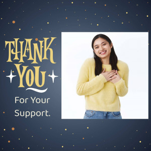 Woman expressing gratitude with hands over heart and 'Thank You' text