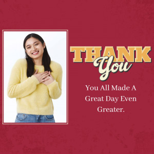 A thank you card featuring a woman holding her hand over her heart and the text 'Thank You'.
