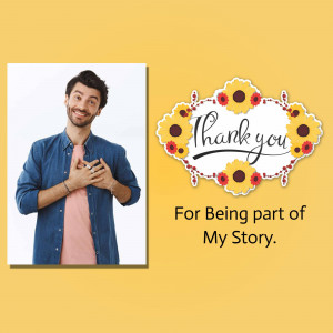 A thank you card featuring a man with hands over his heart and a floral design.