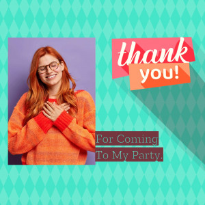 Woman expressing gratitude with a 'Thank You' message.