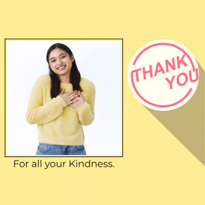 Woman expressing gratitude with a thank you graphic