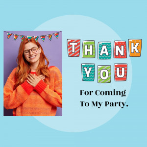 Woman smiling with 'Thank You' banner and party decorations.