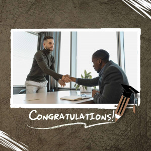 Two men shaking hands across a desk with a graduation cap and 'Congratulations!' text.