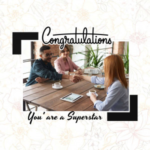 Image of three people celebrating a success with coffee and a tablet.