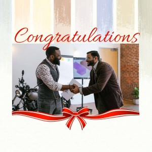 Two businessmen shaking hands with a celebratory ribbon and text overlay.