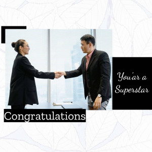 Two business professionals shaking hands with congratulatory text overlay.