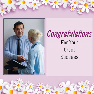 Image of a man and woman shaking hands with a 'Congratulations' message.