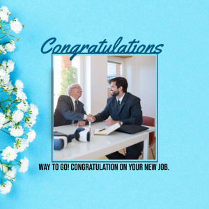 Two men shaking hands across a desk with congratulatory text and floral decorations.