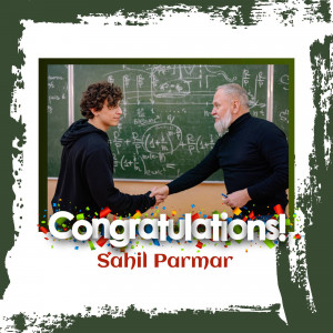 Two men shaking hands in front of a chalkboard with 'Congratulations Sahil Parmar' text overlay.