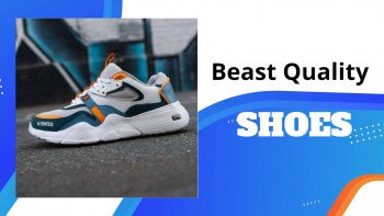 Close-up of white, teal, and orange sneakers with the text 'Beast Quality SHOES'
