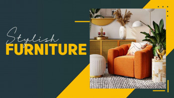 Modern living room with orange armchair and stylish furniture