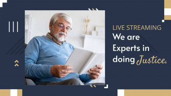 Elderly man reading a book with text overlay 'Live Streaming - We are Experts in Justice'