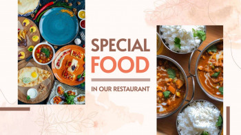 Assortment of Indian dishes with text 'Special Food in Our Restaurant'