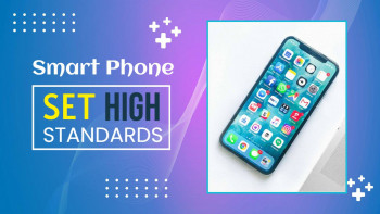 Smartphone with app icons and promotional text 'Set High Standards'