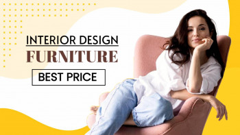 Woman relaxing in a pink armchair with interior design and furniture sale promotion