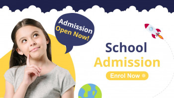 Girl looking up with school admission banner